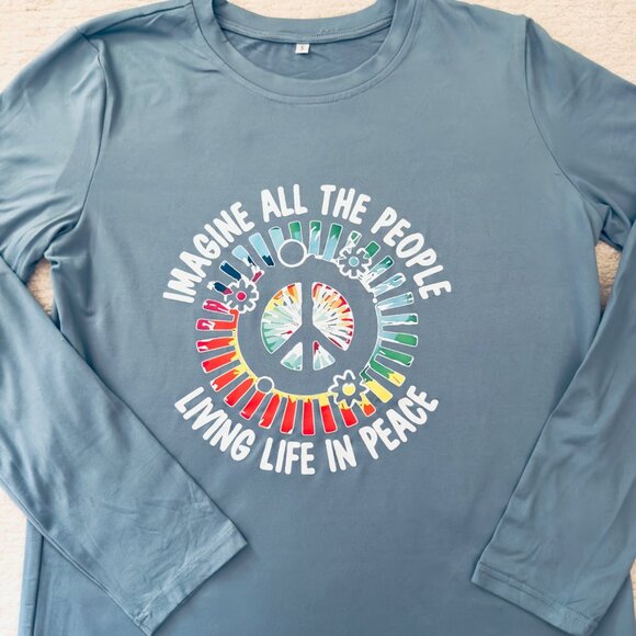 Imagine Peace Long Sleeve Top Size S Light Teal Blue Retro Musiccore Style - Picture 4 of 8